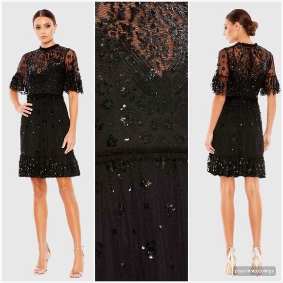 MAC DUGGAL 9143 Womens Black Embellished Illusion High Neck Mini Dress - Picture 1 of 14